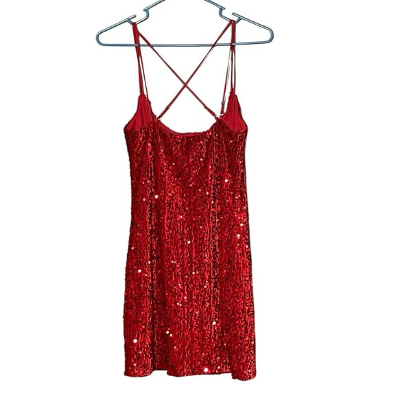 Lucy in the Sky Red Velvet Sequin Skinny Strap Mini Dress XL Holiday NYE Bodycon - Picture 2 of 4
